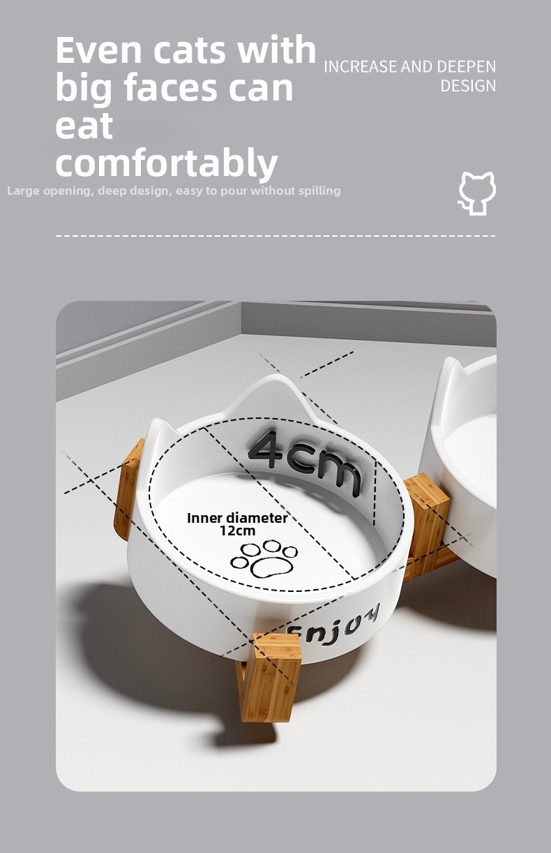 Ceramic Cat Bowl Elevated Pet Feeder With Wooden Stand_voghion.com