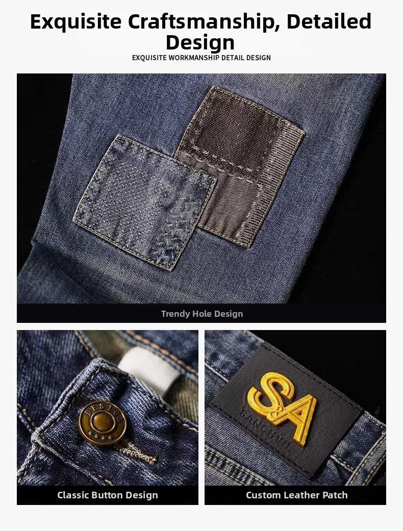 Men's Loose Straight Leg Patchwork Jeans Retro Distressed Trousers_voghion.com