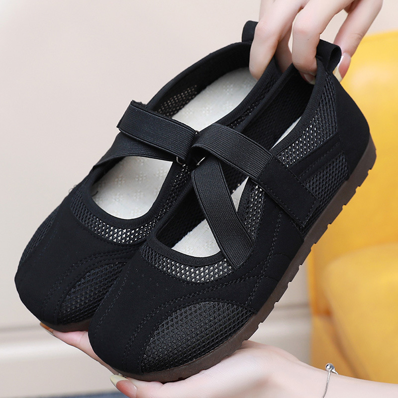Mary Jane Women's Shoes 2025 Summer New Hollow Mesh Shoes Velcro Flat Easiest for Match Casual Mom Shoes Women's Shoes