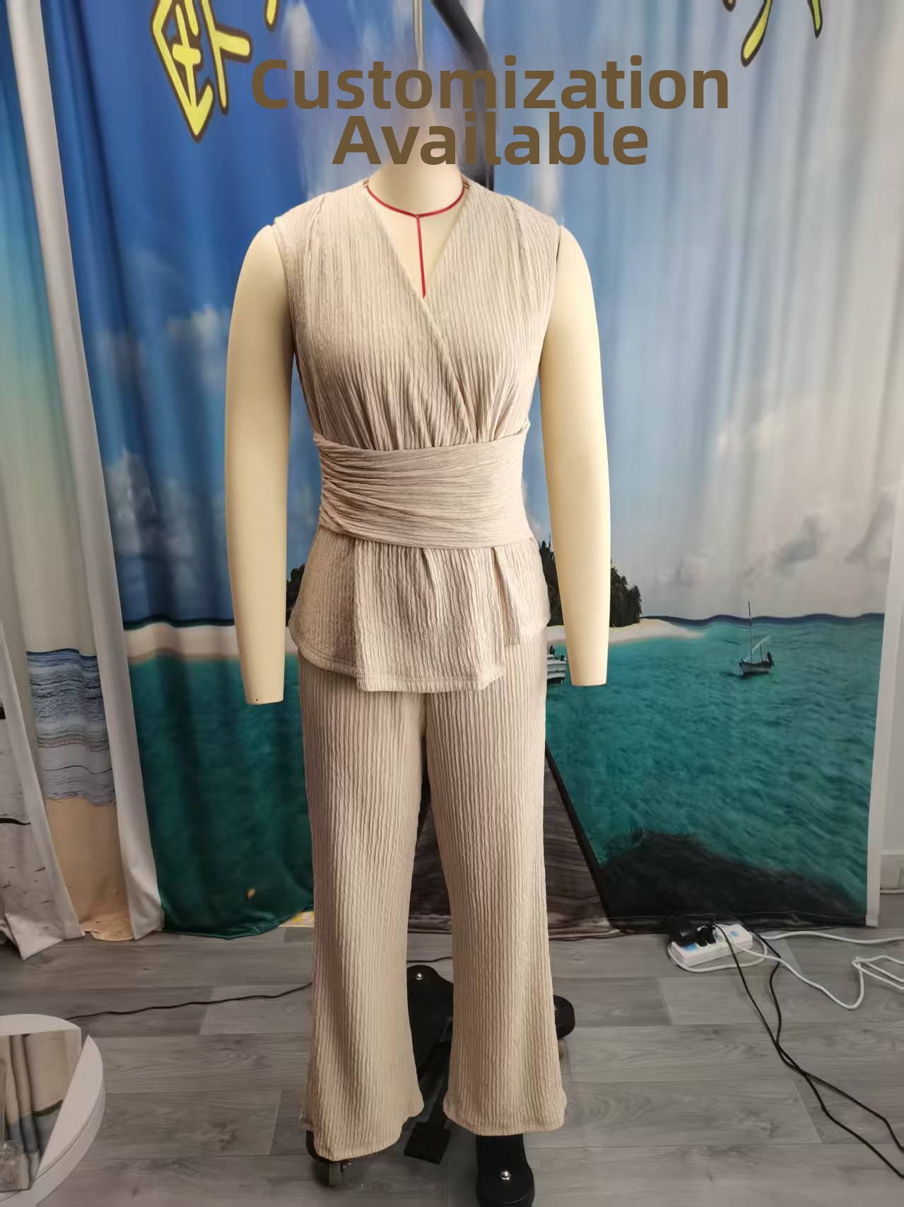 Women's Elegant Two-Piece Set V-Neck Sleeveless Top With Wide-Leg Palazzo Pants, Flowy Summer Outfit_ecoleips.com
