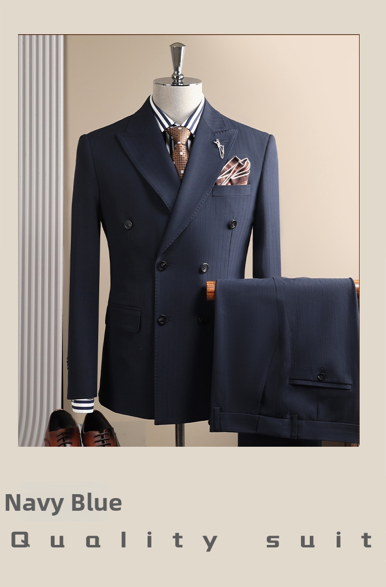 Men's Double-breasted Three-piece Suit Formal Wedding Stripe Suit_voghion.com