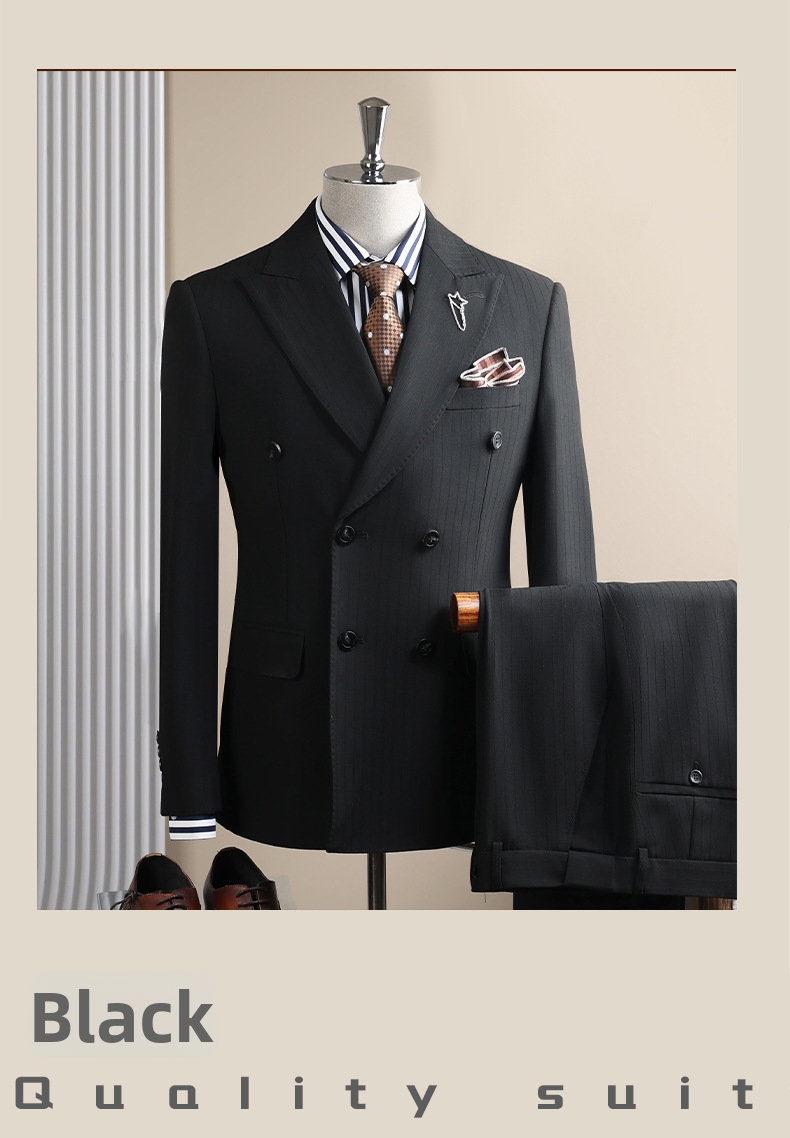 Men's Double-breasted Three-piece Suit Formal Wedding Stripe Suit_voghion.com