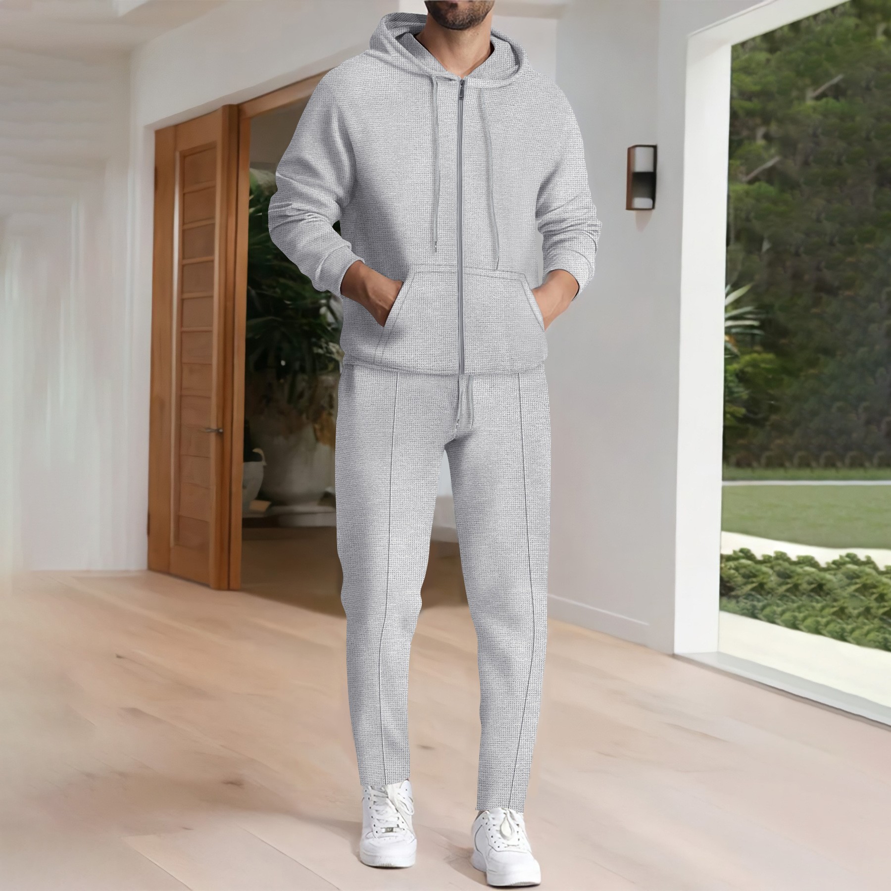 Conjunto de sudadera con capucha y jogger waffle para hombre_voghion.com