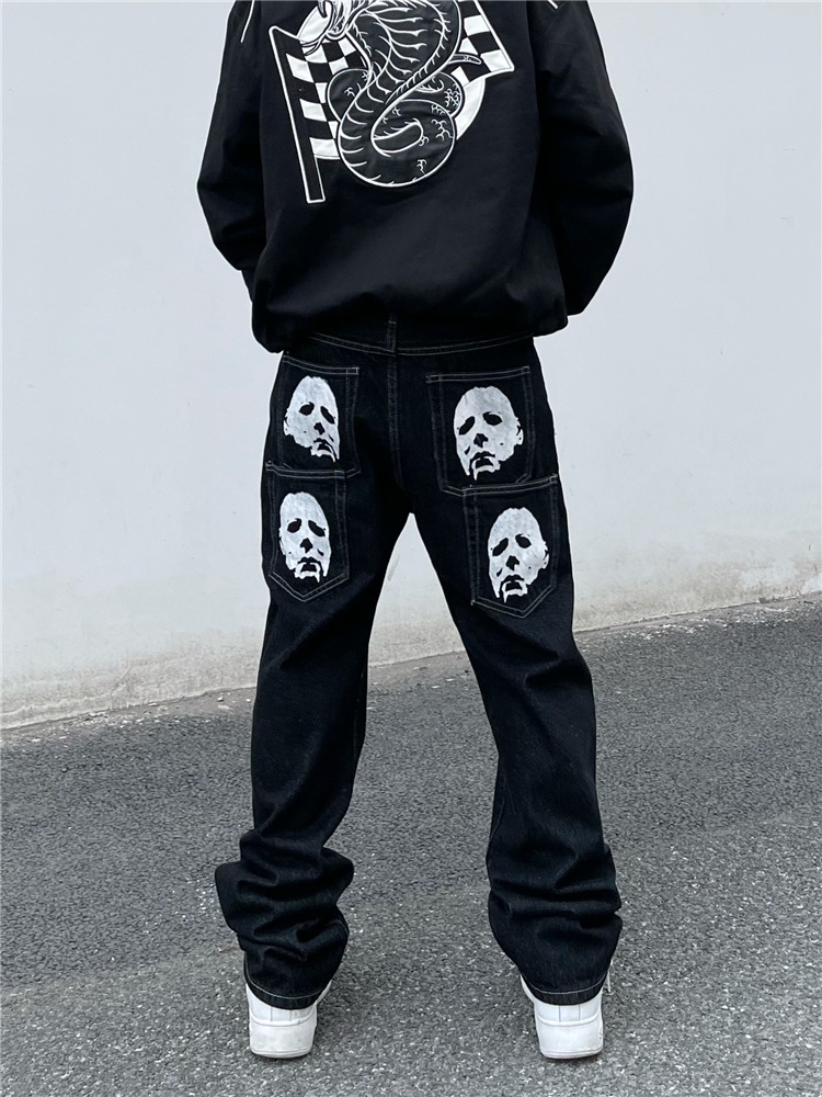 Unisex Streetwear Skull Print Denim Jeans - Loose Fit Straight Leg Hip Hop Pants For Men & Women_mkmklike.com