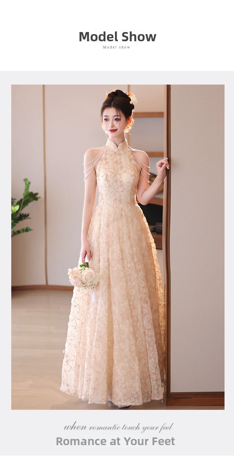 Elegant Floral Halter Neck Cheongsam Dress For Engagement Party, Banquet, And Bride's Homecoming_ecoleips.com