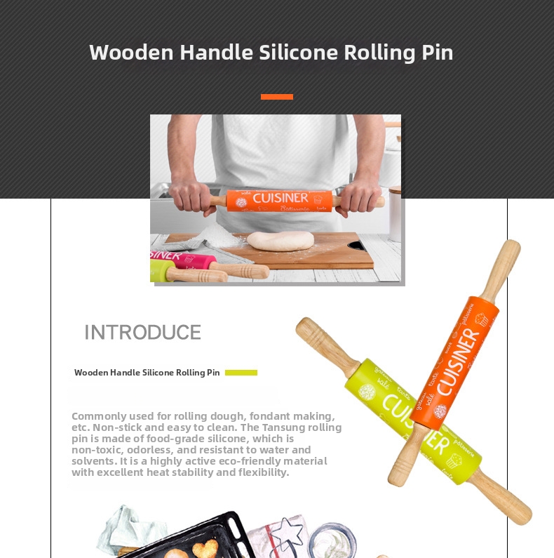 Rolling Pin With Wooden Handle Non Stick Food Grade Silicone_voghion.com
