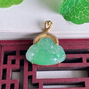 Myanmar Natural A-Grade Laughing Buddha Pendant with 18K Gold Inlay, Ice-Type Sweet Green Maitreya Buddha Jade Pendant 3.85