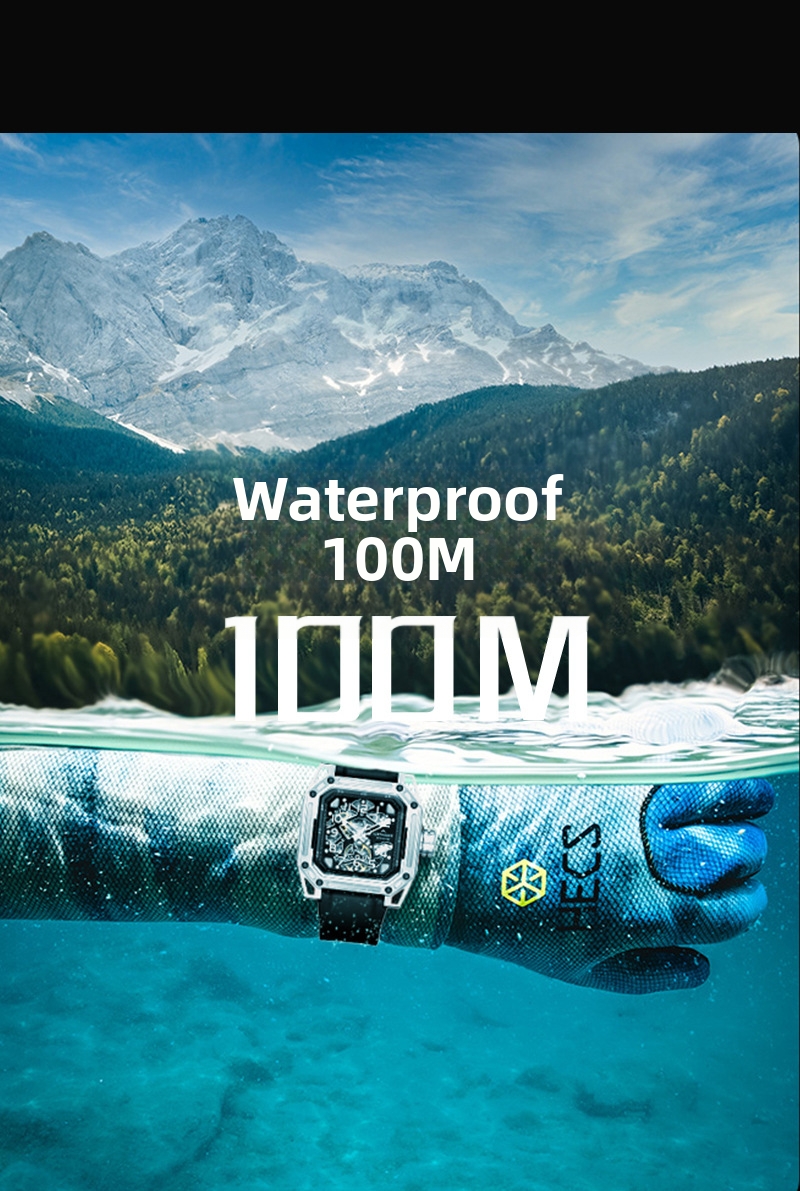 Square Mechanical Watch For Men Stainless Steel Luminous Skeleton_voghion.com