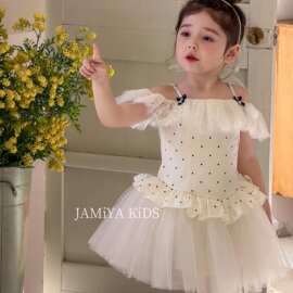 jamiya女童夏季新款气质小香风一字肩带钻抹胸裙荷叶边收腰百褶连