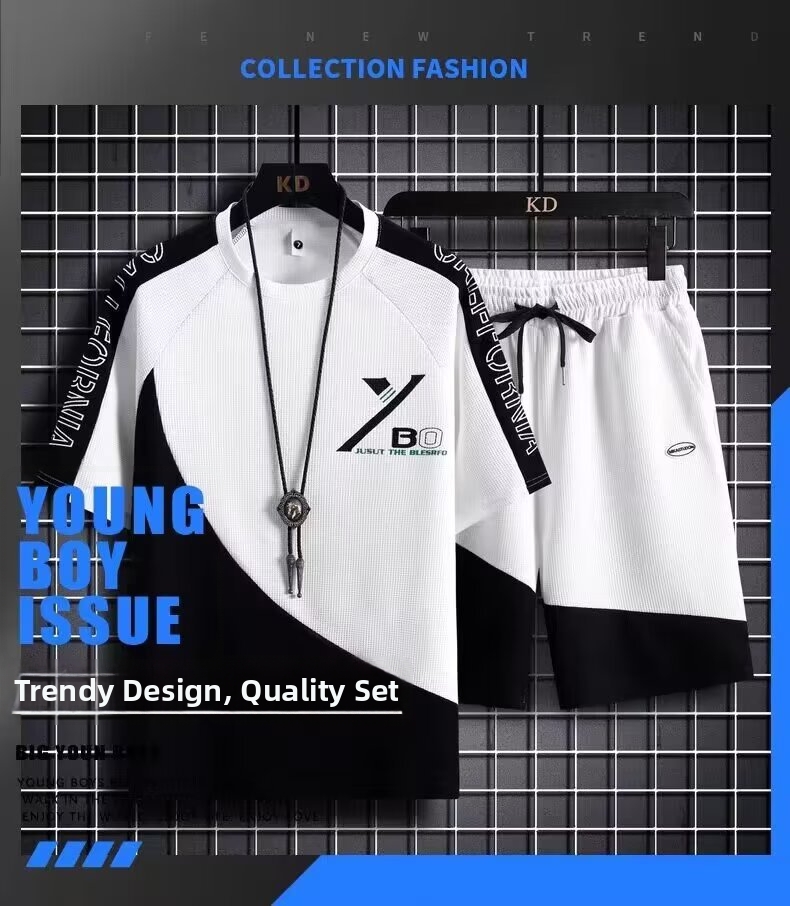 Ensemble d'été en maille gaufrée pour adolescents – T-shirt à manches courtes respirant et short de sport pour les loisirs et le sport (M-5XL, gris/blanc/noir)_voghion.com