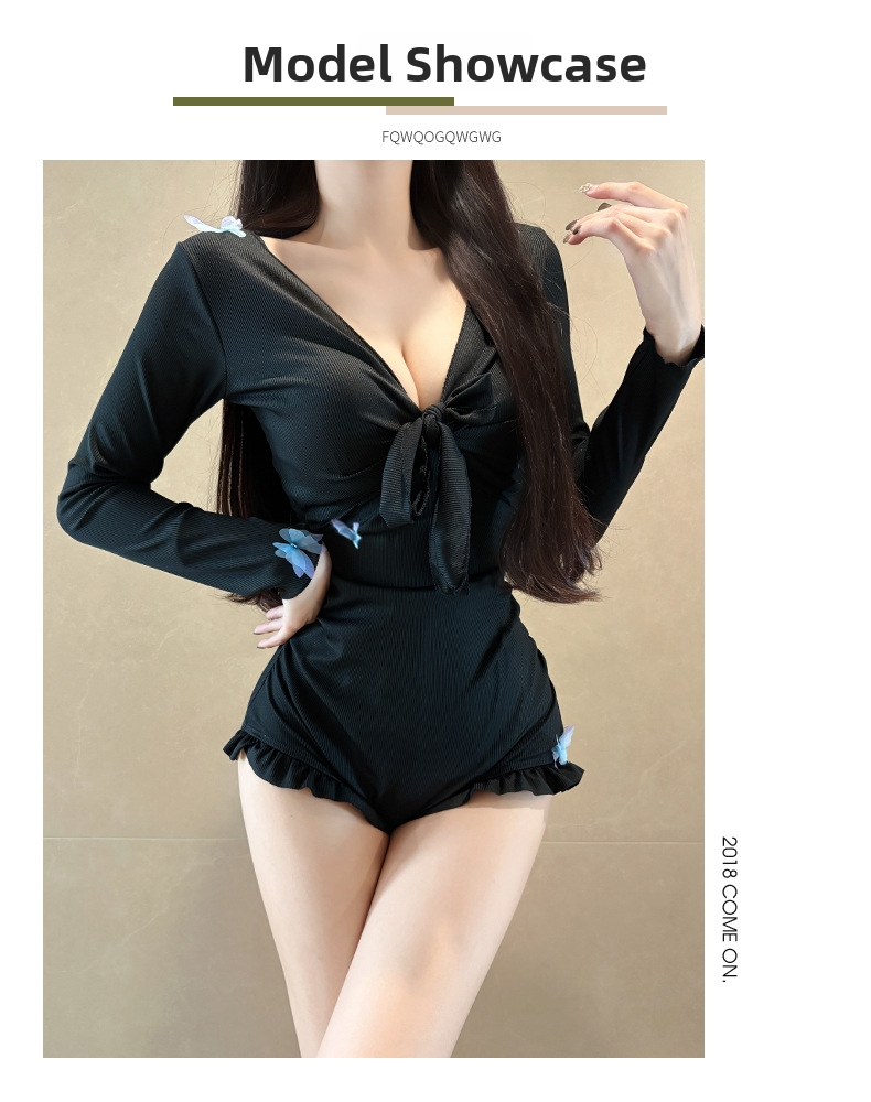 Women's Slimming One Piece Swimsuit Long Sleeve Solid Color Conservative Fitted With Underwire For Hot Springs Two Piece Design_ecoleips.com