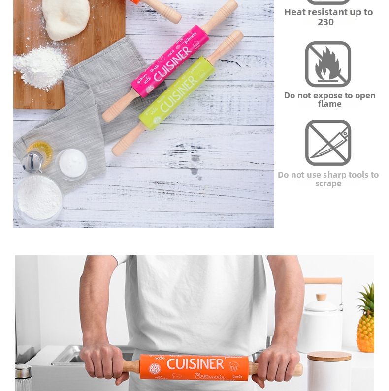 Rolling Pin With Wooden Handle Non Stick Food Grade Silicone_voghion.com