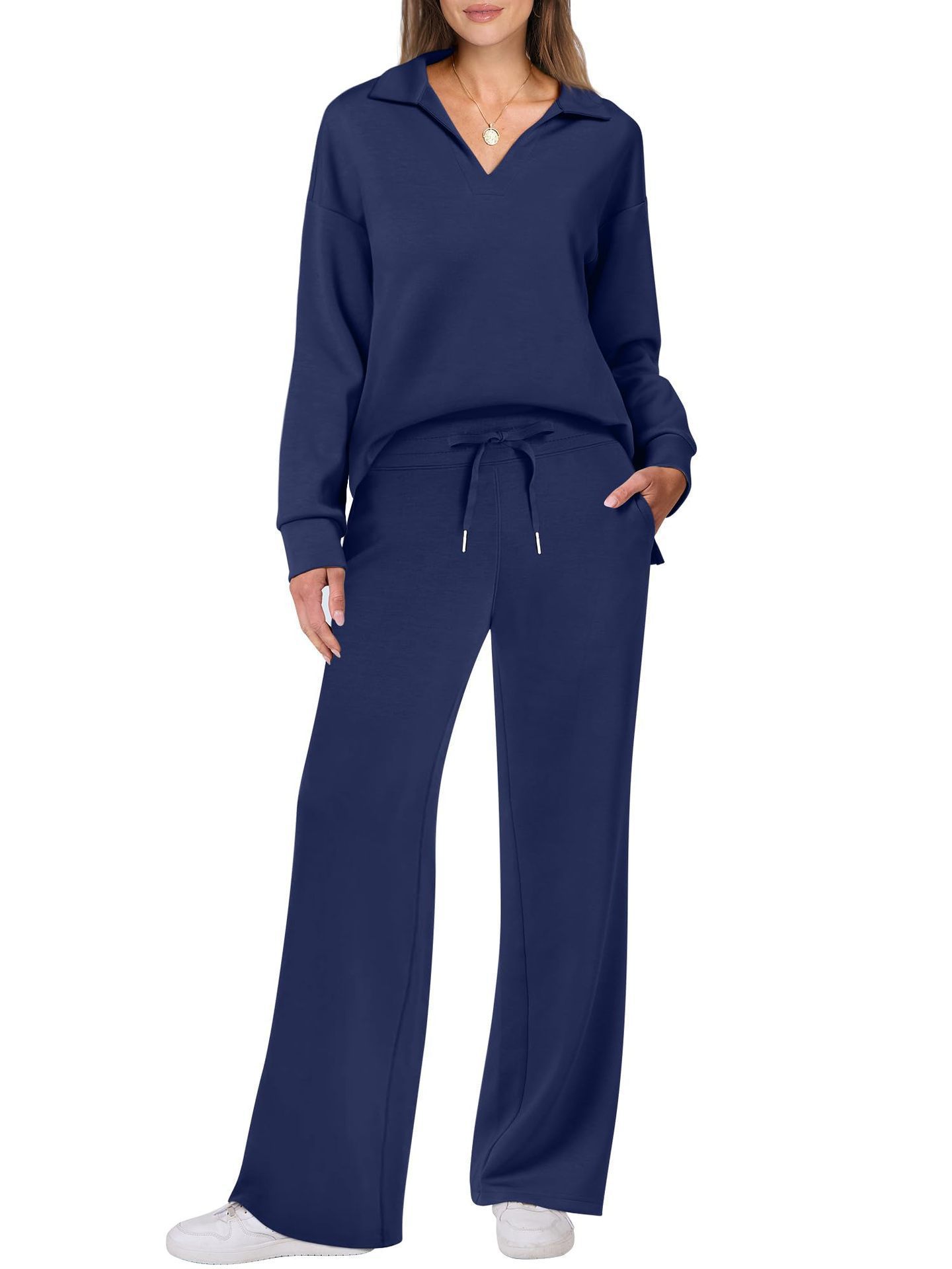 Women's Long Sleeved Drawstring Trousers Suit Solid Color Commuter Autumn Winter Fashion Casual Set Style_ecoleips.com