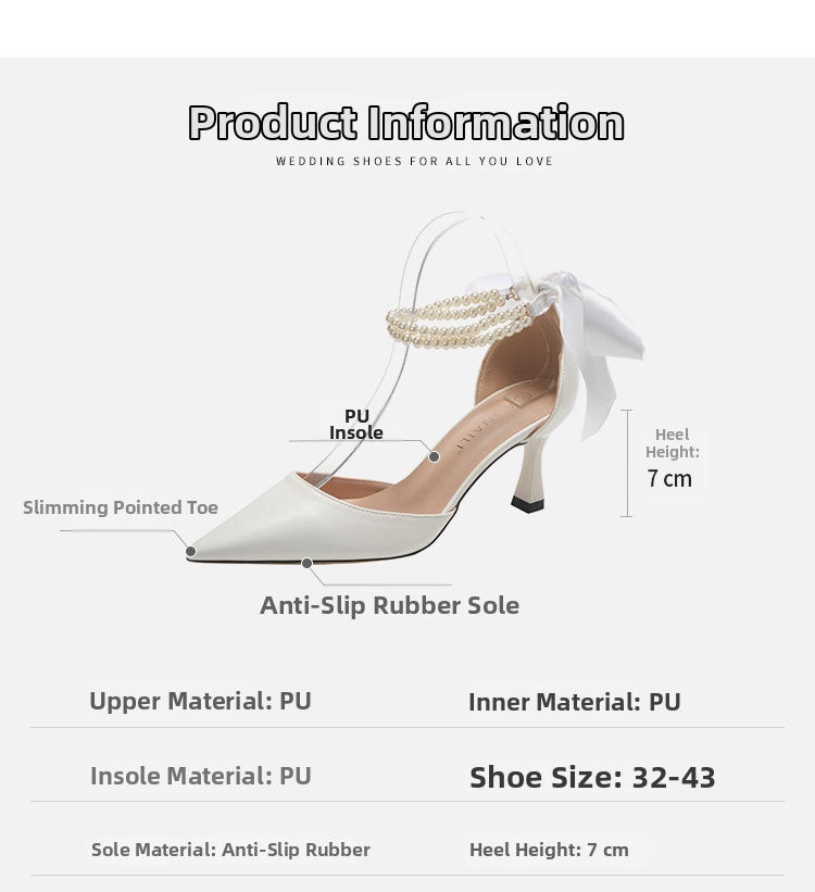 Women's French Style Elegant High Heels Pointed Toe Hollow Pearl Chain Bow Stiletto Pumps White Wedding Shoes Chunky Heel Plus Size_vogvips.com