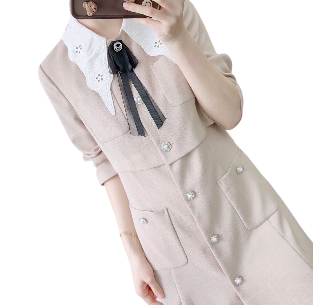 2025年秋季品牌专柜新品时尚优雅可拆卸蝴蝶结领小香风连衣裙001