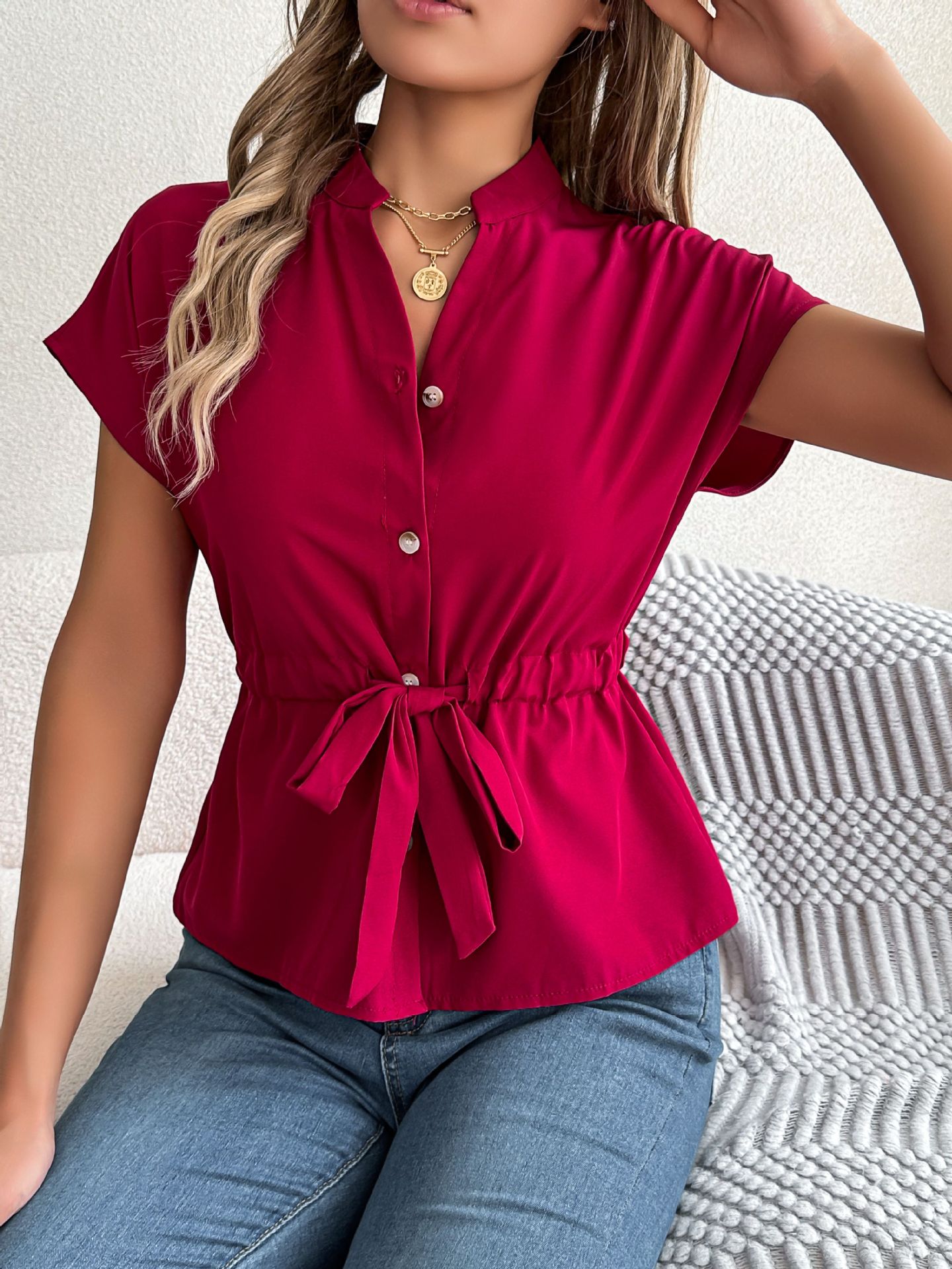 Women's Blouse Casual Button Down Short Sleeve Shirt For Summer_voghion.com