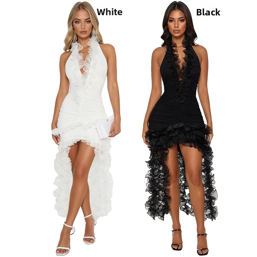 Sophisticated Halter Neck Deep V Bodycon Dress With Flowing Ruffle Hem - Elegant Sleeveless Cocktail & Evening Dress For Women_ecoleips.com
