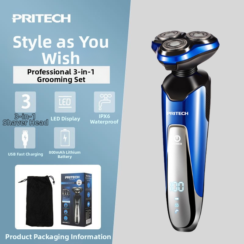 Rasoio multifunzione 3 in 1 Pritech da uomo con display digitale a LED, ricaricabile e impermeabile, rifinitore per barba._voghion.com