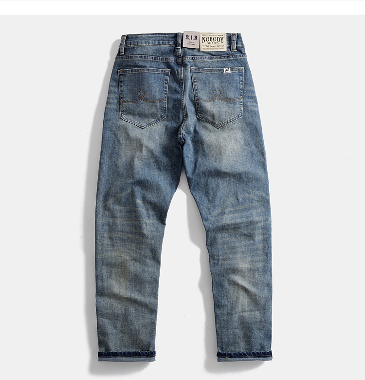 Retro Style Stretchy Denim Trousers Japanese Casual Washed Straight Leg Blue Cotton mid Waist Long Pants for Men_mkmklike.com