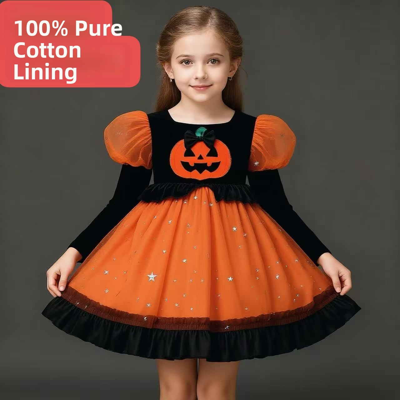 Halloween Performance Costume For Kids Toddler Girls With Puff Sleeves Ghost Face Pumpkin Lantern Black Orange Color Block Mesh Tulle Skirt_voghion.com
