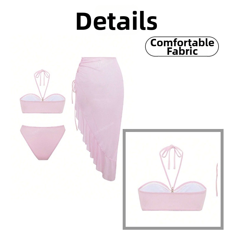 Women's Clothing American Style Three Piece Swimsuit Sexy Two Piece Set With Short Skirt For Beach Vacation Polyester Bikini_ecoleips.com