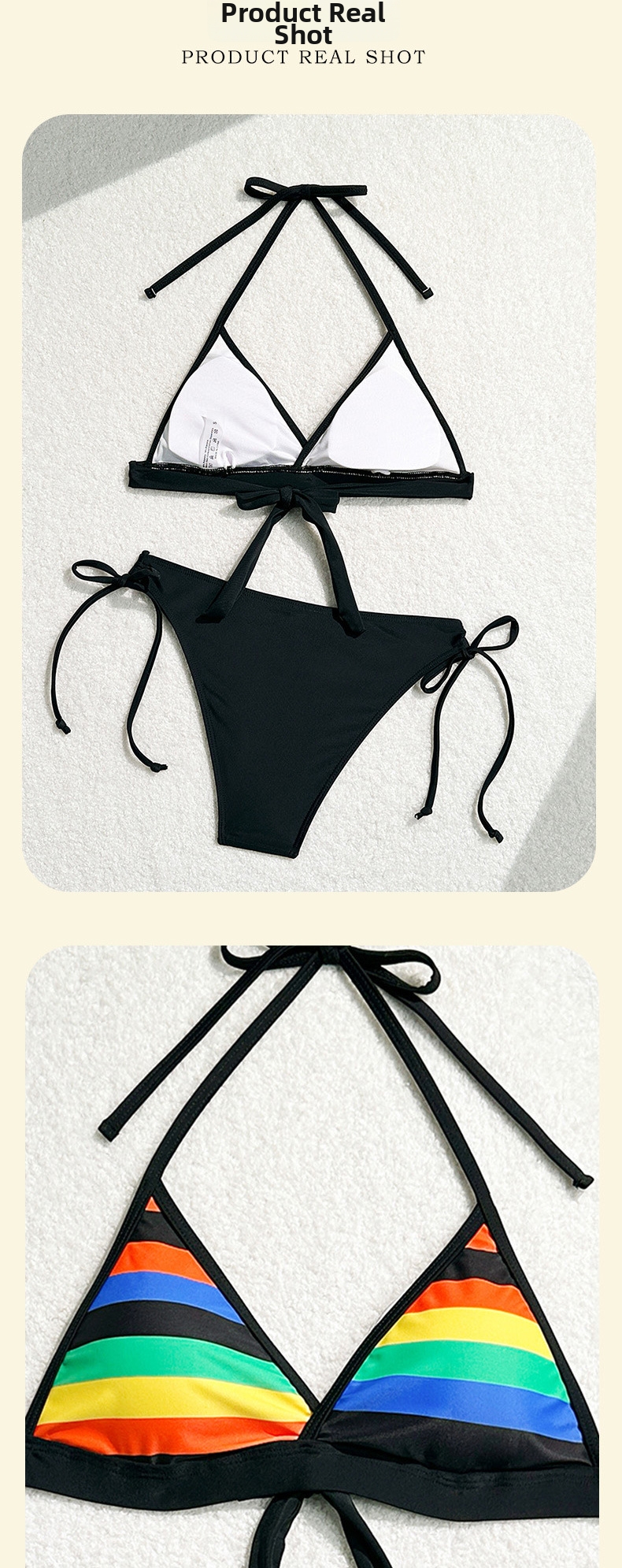 Women's Clothing Black Striped Print Triangle Bikini Sexy Two Piece Swimsuit Rainbow Style Women's Clothing_voghion.com