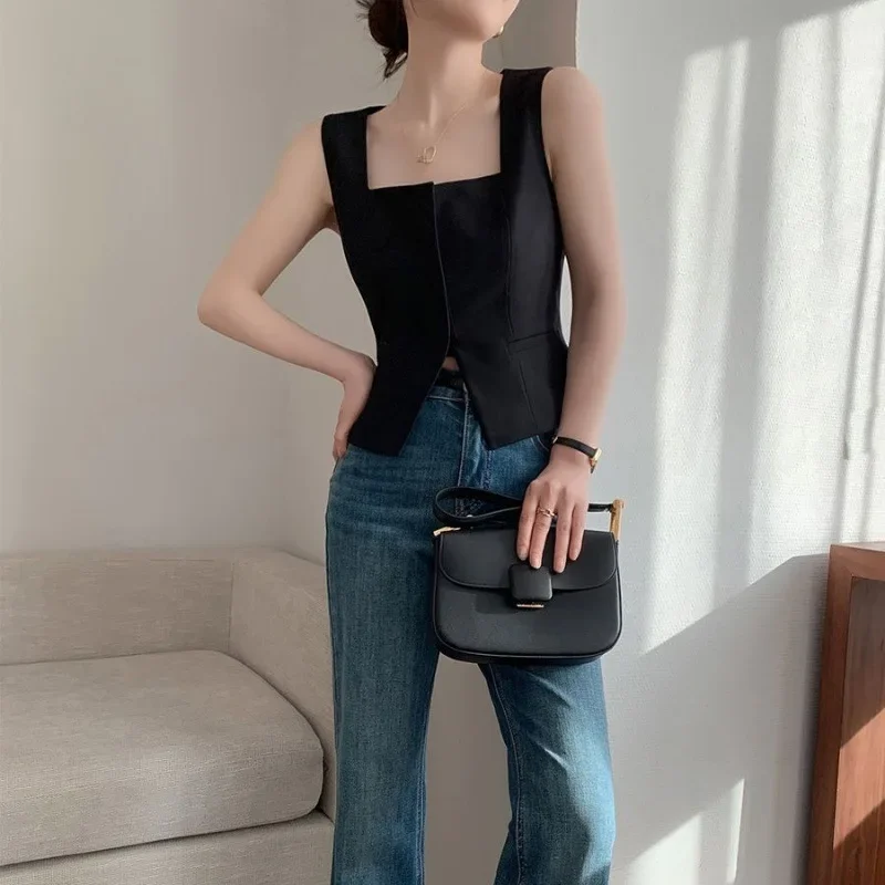 Black summer sexy fashionable vest sleevless, square neckline