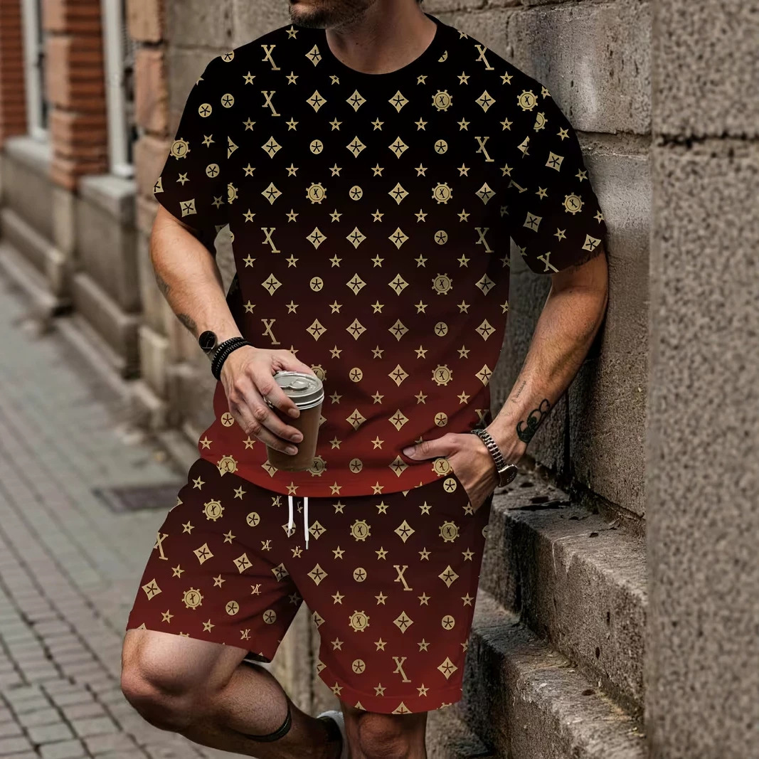 Herren-Set aus Kurzarmhemd und Shorts mit 3D-Druck – Lässiges und bequemes Outfit aus Bambus-Baumwoll-Mischgewebe_voghion.com