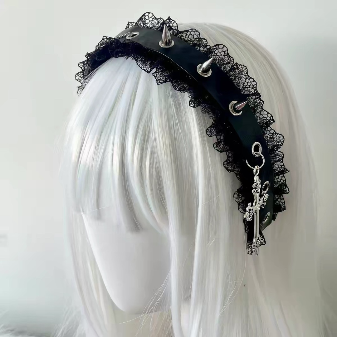 Punk Spiked Lace Headband, Personalized Subculture Studded Headband, Y2K Millennium Sweet-Cool Dark Gothic Style Hair Accessory