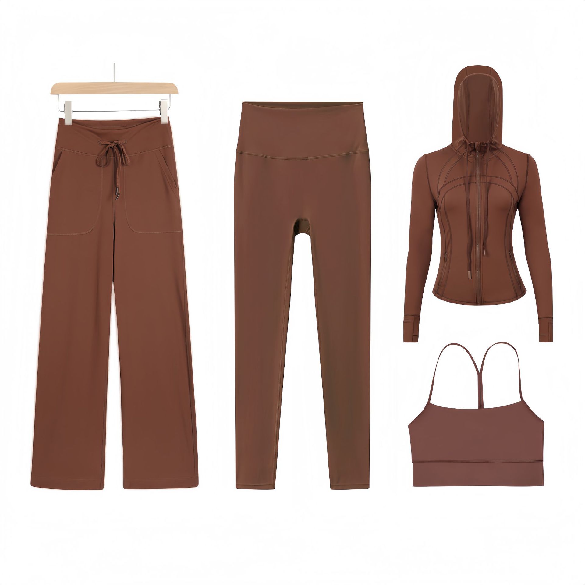 Women's Active Sets Y Shaped Vest Hooded Jacket And Pants Four Piece_voghion.com