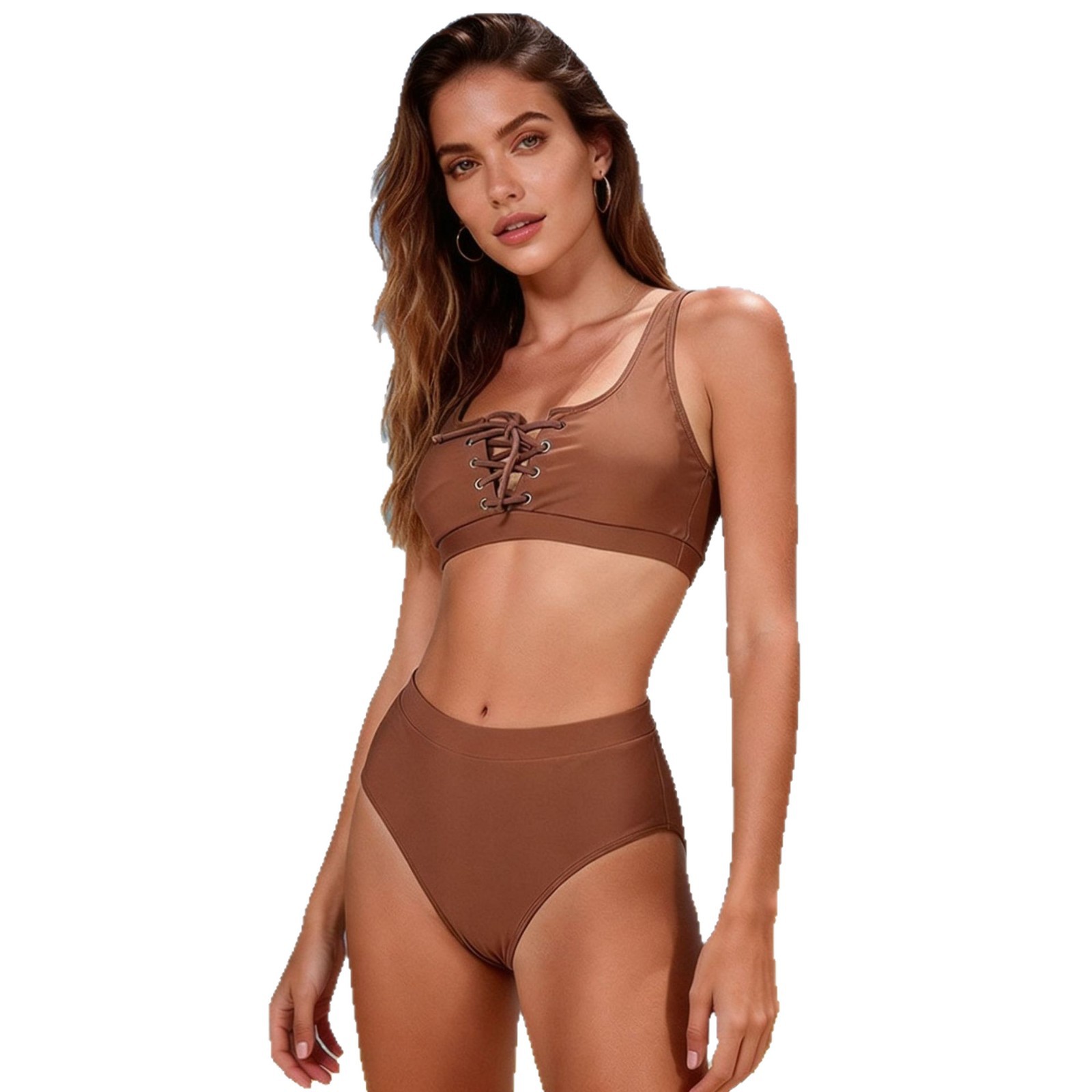 High-Waist Women's Bikini Set Quick-Dry Polyester Sporty Tie-Front Triangl Swimwear Solid Colors S to XL_ecoleips.com