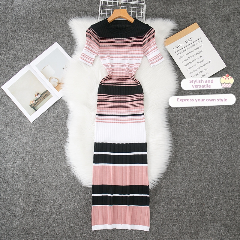 Women's Slim Fit Striped Knit Dress Elegant Sweater Dress With Short Sleeves Foreign Trade Women's Clothing Skirt_ecoleips.com