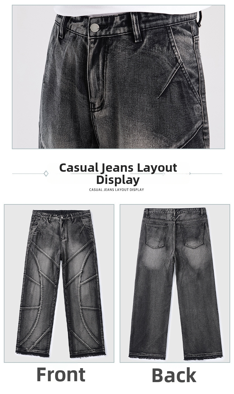 Men's American Vintage Heavy-Duty Distressed Jeans, Structural Patchwork Design With Premium Washed Finish, Straight Leg Casual Denim Pants_mkmklike.com