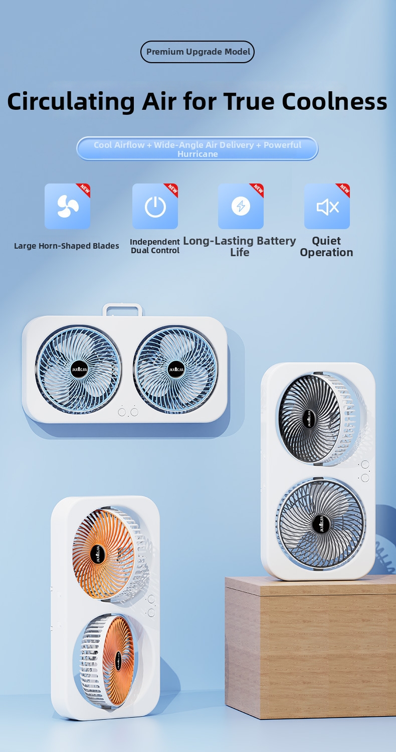 Dual Head Desktop Fan Rechargeable Oscillating Home Office Quiet_voghion.com