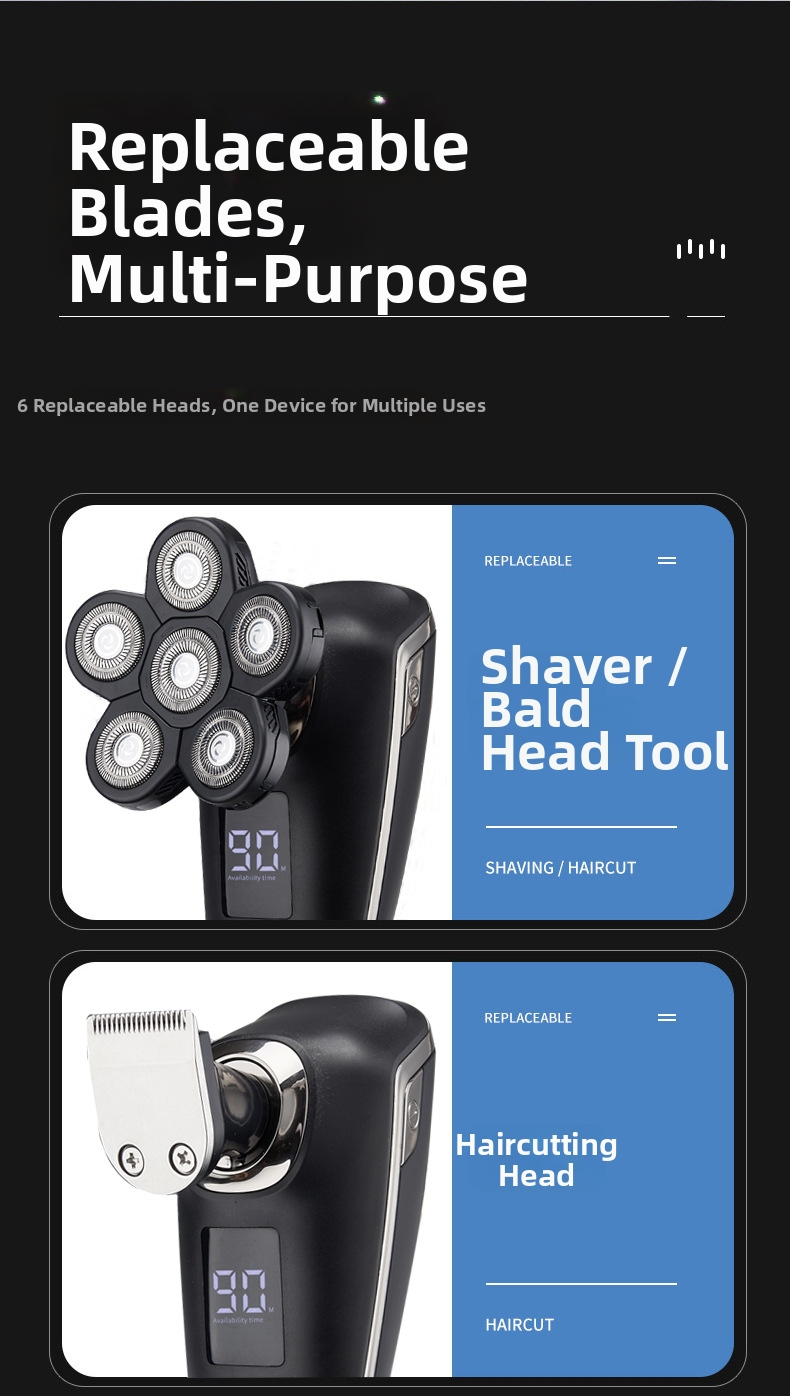 Electric Shaver Bald Head Hair Clipper Digital Display Six Blade Multi-Functional 5-in-1 Razor_voghion.com
