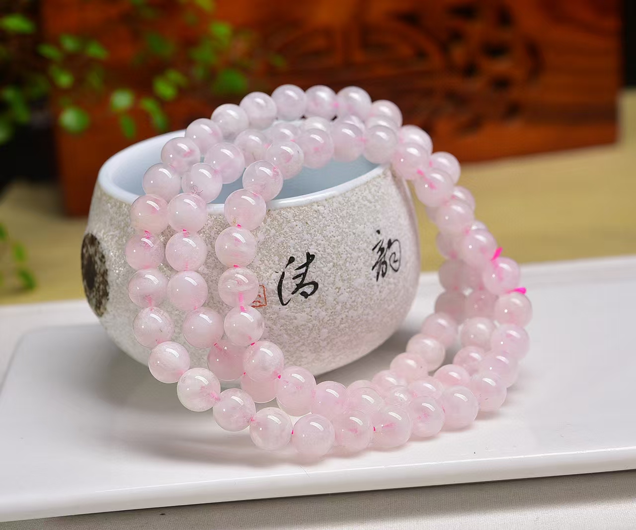 天然粉雪花幽灵7圆珠精品三圈手串热卖推荐特价时尚大气百搭货源