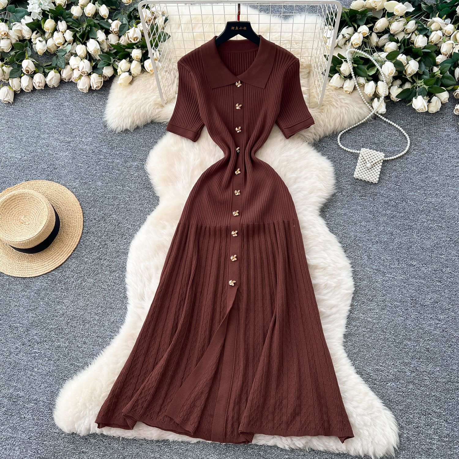 Women's French Retro Polo Collar Dress High End Waist Cinching Long Knit Metal Buckle Slim Fitting Short Sleeved_ecoleips.com