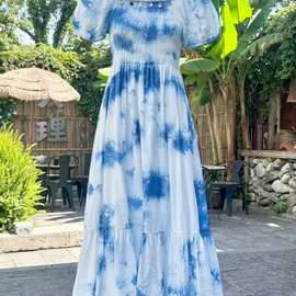 云南大理纯植物板蓝根手工扎染蓝染短袖方领连衣裙花苞短裙泡泡袖