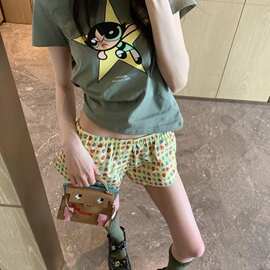 26SSYB开/小众设计 美式复古卡通飞天小女警印花做旧上衣短裤