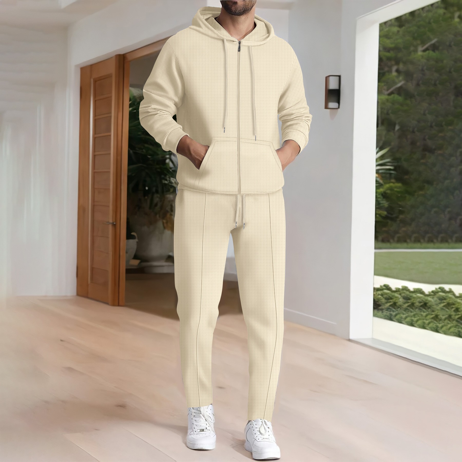 Conjunto de sudadera con capucha y pantalón deportivo de punto gofrado para hombre: chaqueta ligera con cremallera y bolsillos, y pantalón deportivo a juego para gimnasio y estilo urbano (blanco/gris)._voghion.com