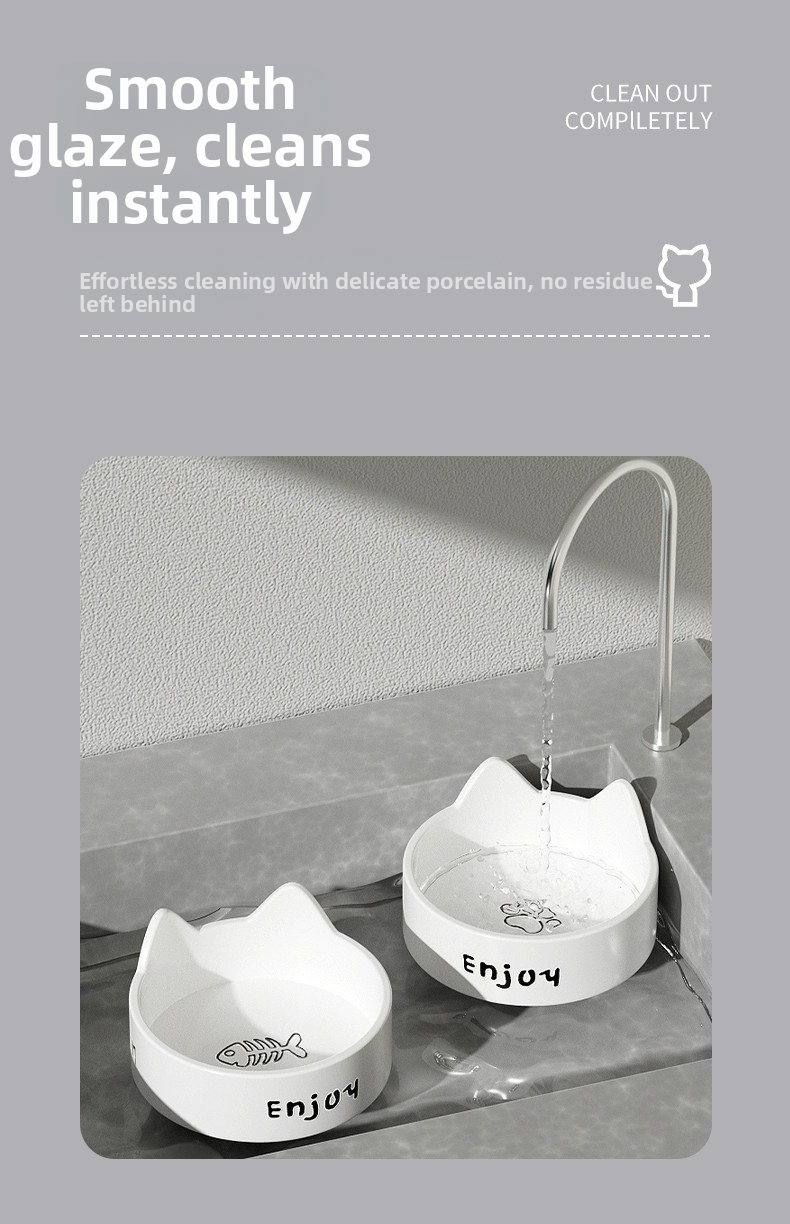Ceramic Cat Bowl Elevated Pet Feeder With Wooden Stand_voghion.com