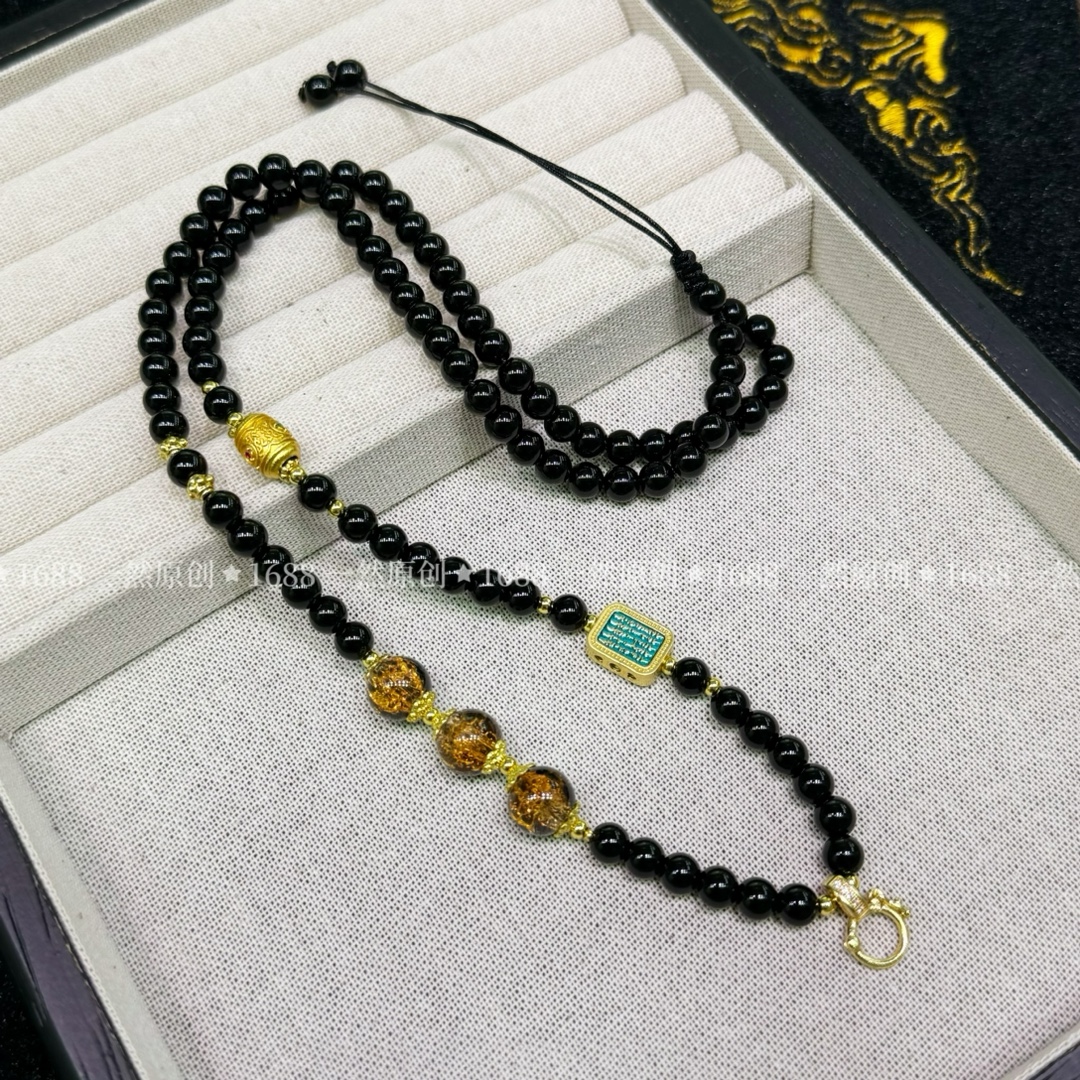 新中式黑玛瑙吊坠挂绳快拆符文秋冬新款毛衣链泰国佛牌链子6mm