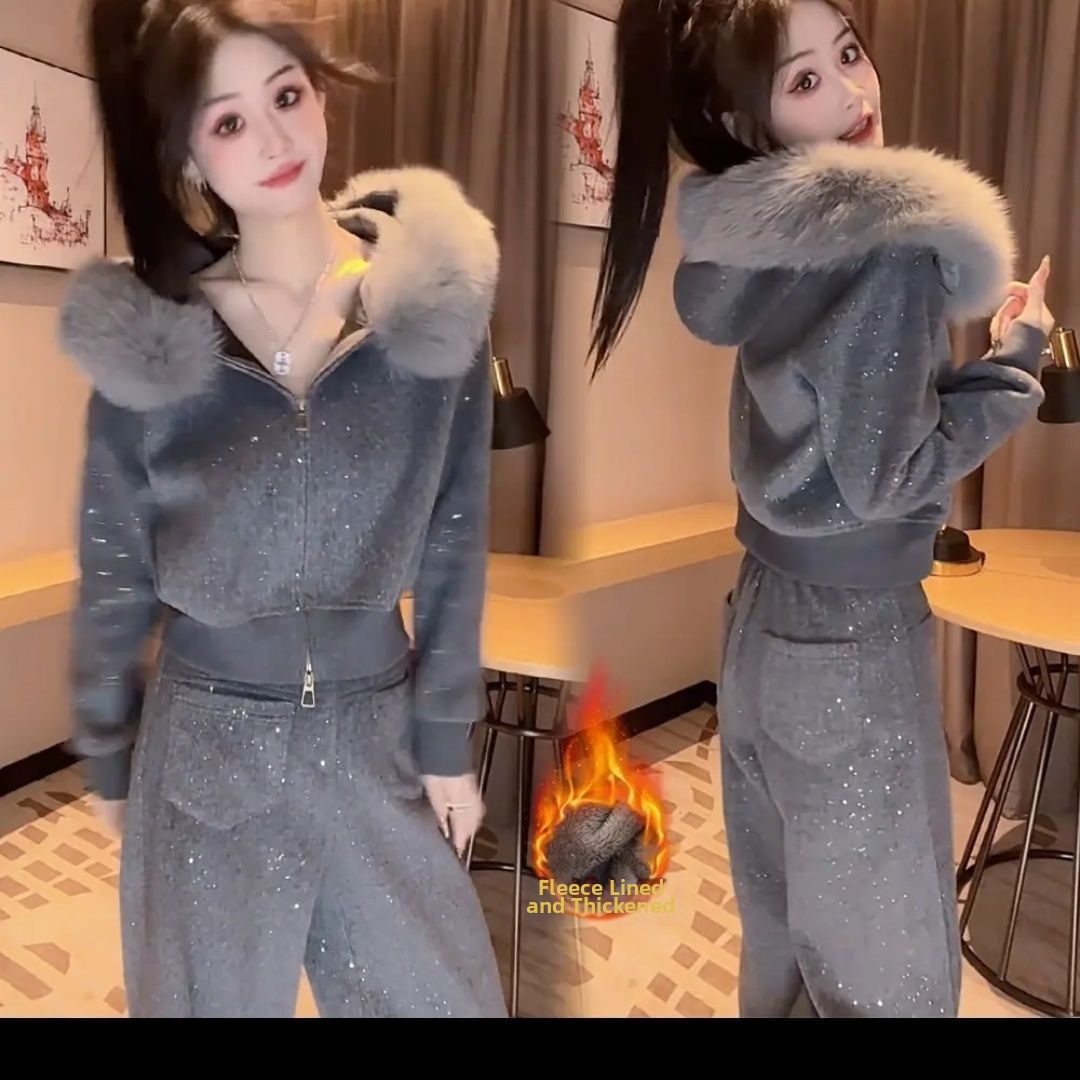 Women's Two Piece Fleece Lined Pant Set Casual Autumn Winter Hooded_voghion.com