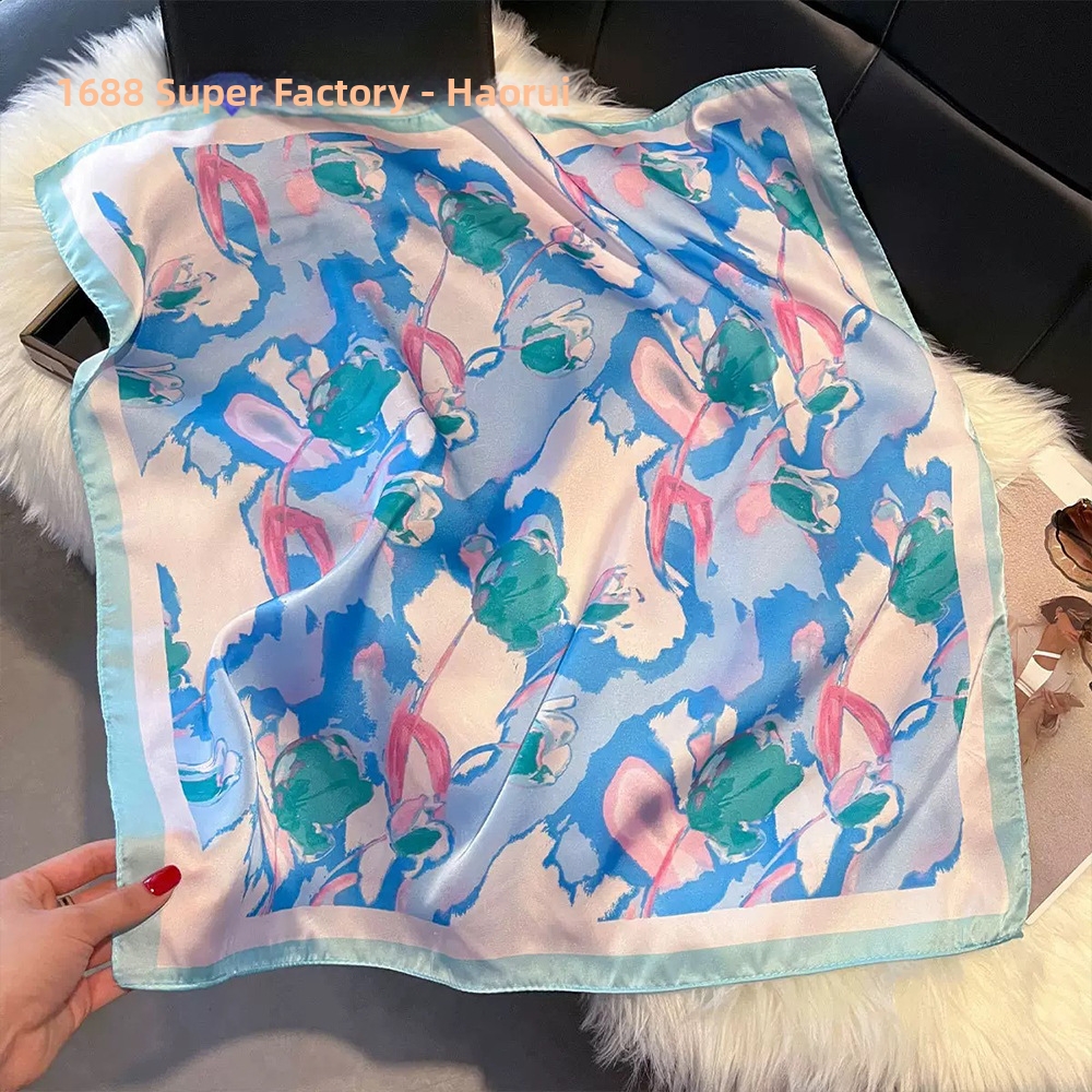 Korean Style 70s Printed Silk Scarf For Women Versatile Fashionable Retro Print Faux Silk Neckband Professional Accessory_voghion.com