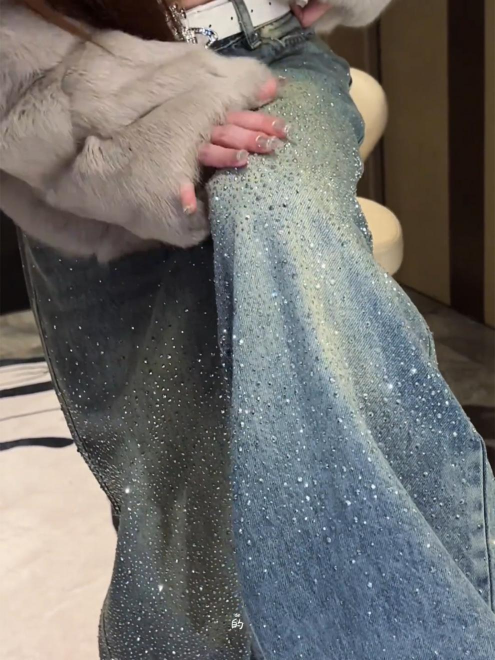 European Style Women's Sparkly Rhinestone Straight Leg Jeans High End Wide Leg Pants Fashionable New Spring_ecoleips.com