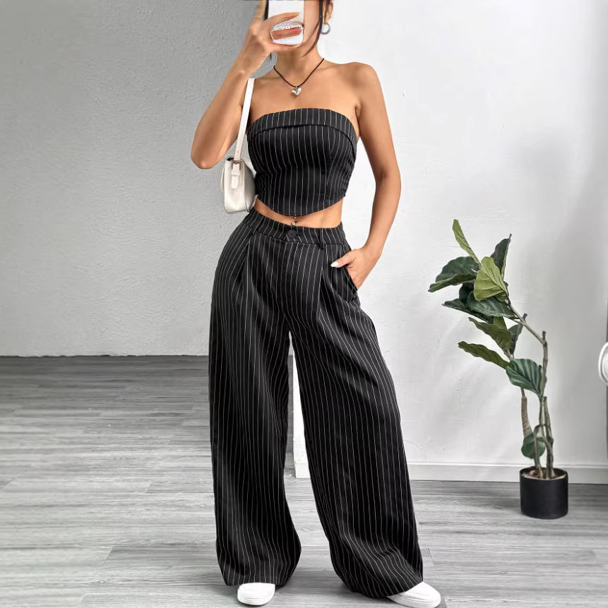 Shein Women's Fashion Slimming Pants Set Strapless Top And Loose Fitting Suit_voghion.com
