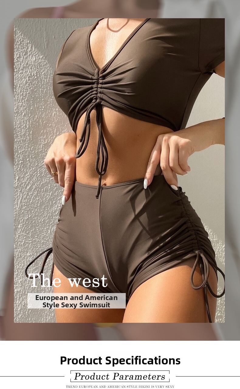Women's Drawstring V-Neck Short Sleeve Two-Piece Swimsuit Conservative Beach Bikini European American Style Hot Spring Swimwear 2026_ecoleips.com