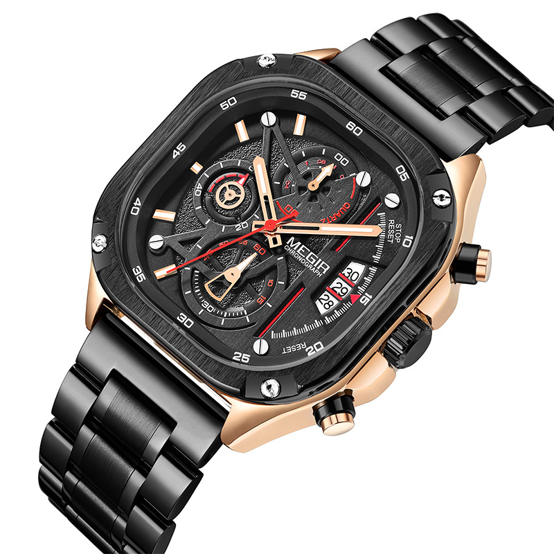 Herren-Chronograph mit Leuchtzeigern, Datumsanzeige, Edelstahlarmband und 6 Zeigern_voghion.com
