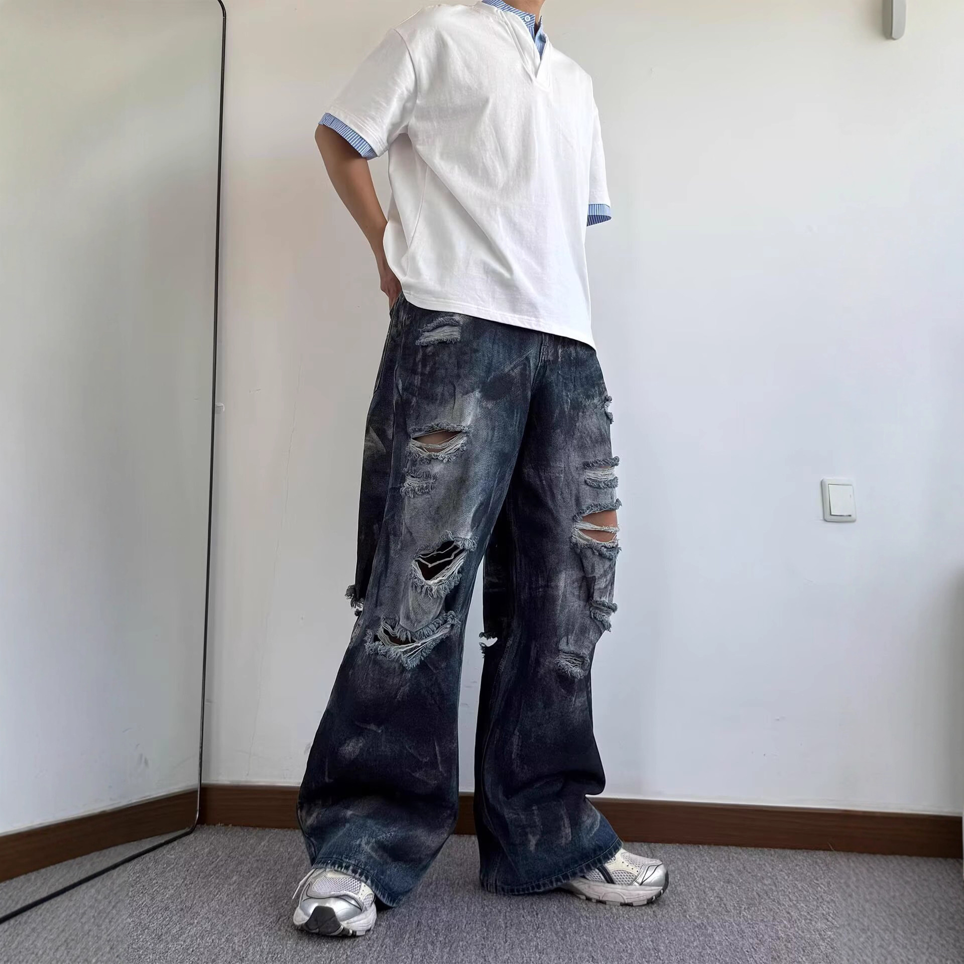 Men's American Streetwear Vintage Washed Distressed Jeans, Straight Leg Relaxed Fit High Fashion Denim Pants_mkmklike.com
