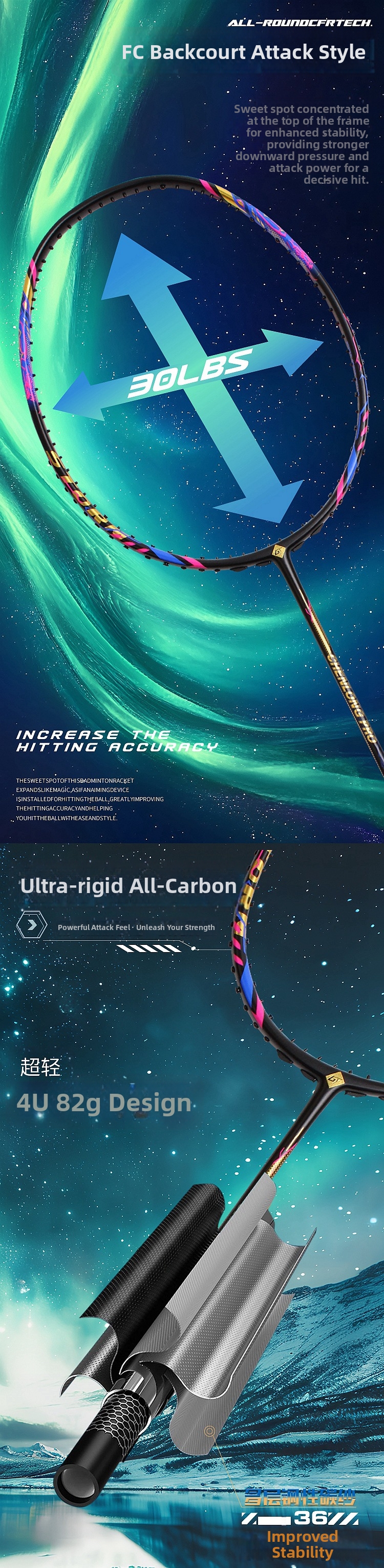 Lätt badmintonracket i kolfiber för offensiv spelstil_voghion.com